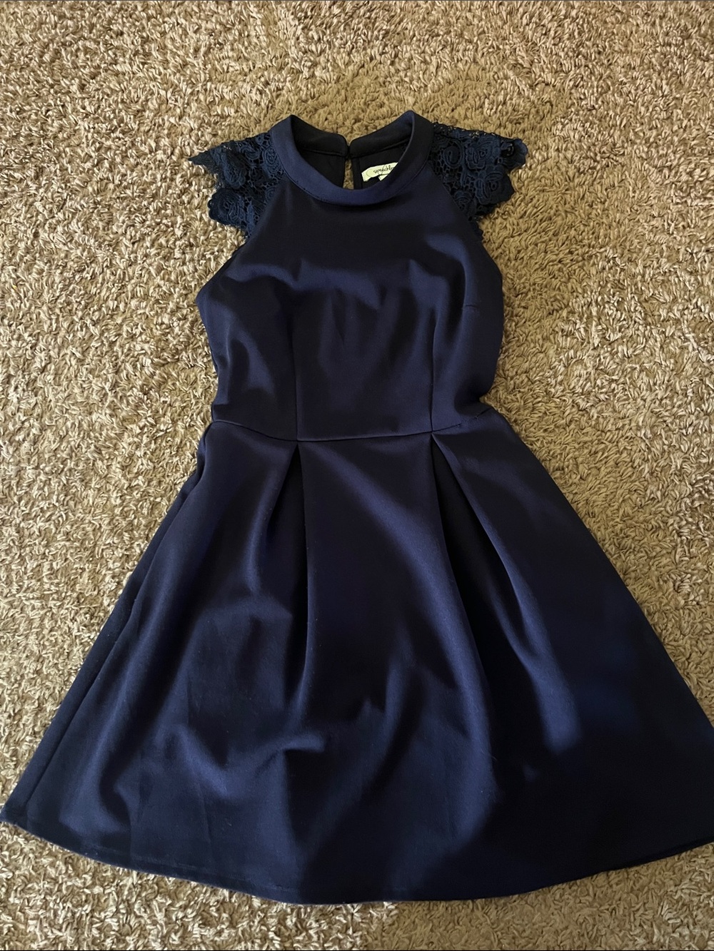 Speechless Navy Lace Cap-Sleeve Fit & Flare Dress